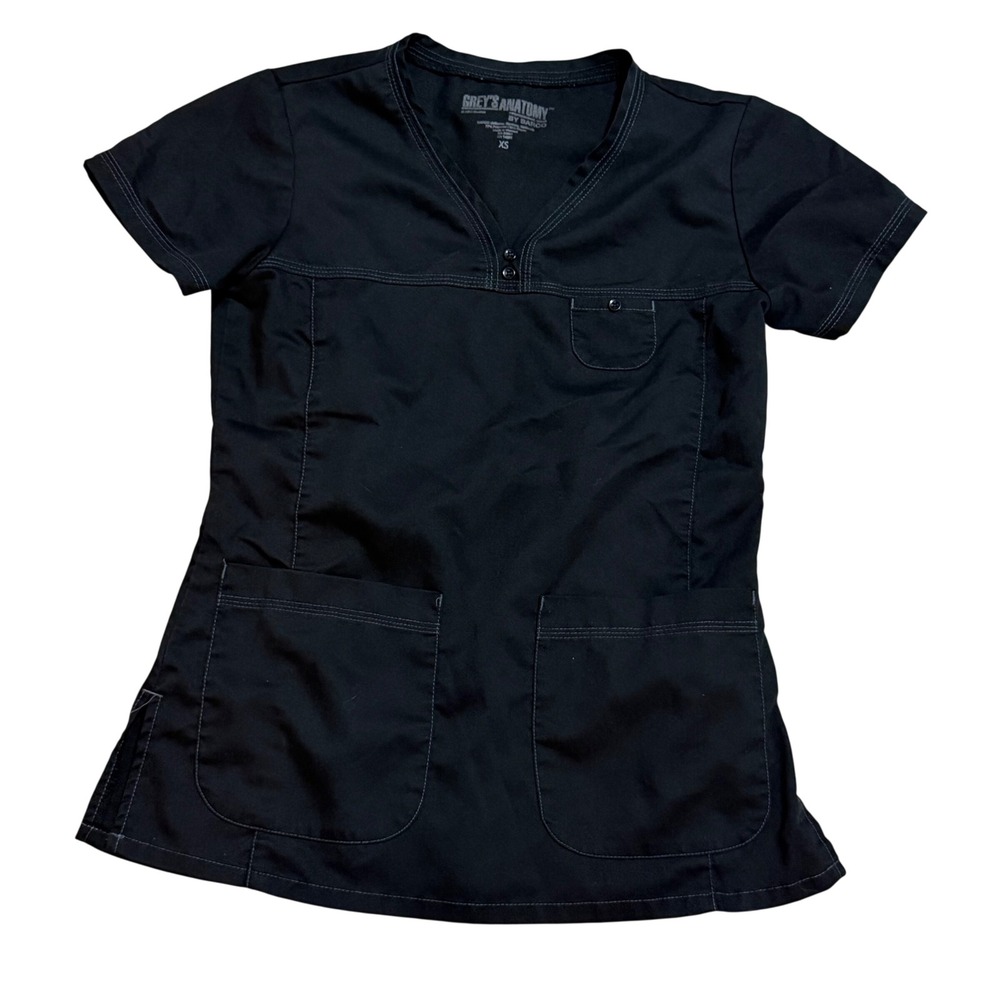 Greys Anatomy by Barco Black Scrub Top V-Neck Contrast Stitch XS 1374
